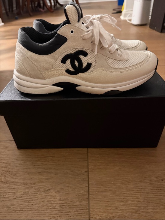 CHANEL Cream and Black Leather Logo Sneakers